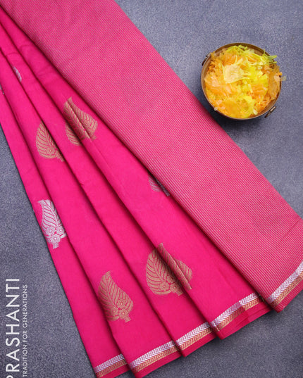 Semi raw silk saree pink with silver & gold zari woven leaf buttas and small zari woven border