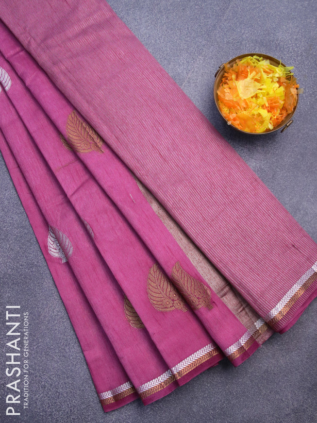 Semi raw silk saree purple shade with silver & gold zari woven leaf buttas and small zari woven border