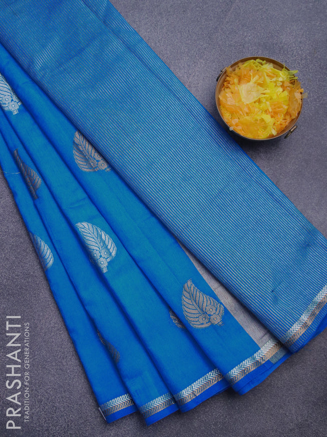 Semi raw silk saree cs blue with silver & gold zari woven leaf buttas and small zari woven border