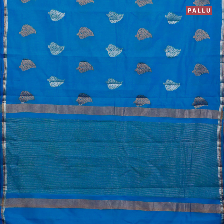 Semi raw silk saree cs blue with silver & gold zari woven leaf buttas and small zari woven border