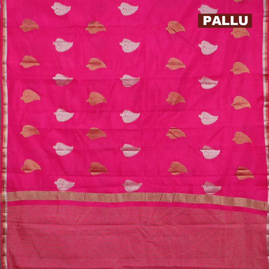 Semi raw silk saree pink with silver & gold zari woven leaf buttas and small zari woven border