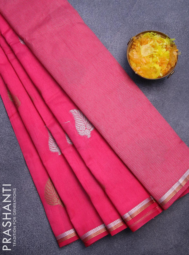 Semi raw silk saree pink with silver & gold zari woven leaf buttas and small zari woven border