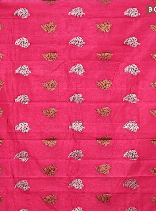 Semi raw silk saree pink with silver & gold zari woven leaf buttas and small zari woven border