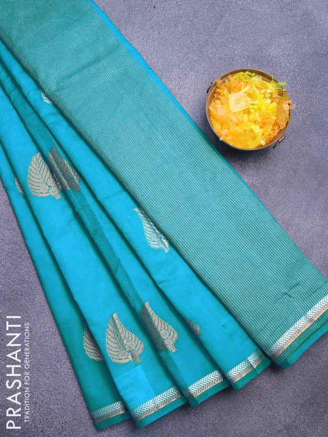 Semi raw silk saree light blue with silver & gold zari woven leaf buttas and small zari woven border