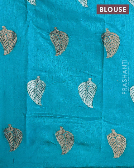 Semi raw silk saree light blue with silver & gold zari woven leaf buttas and small zari woven border