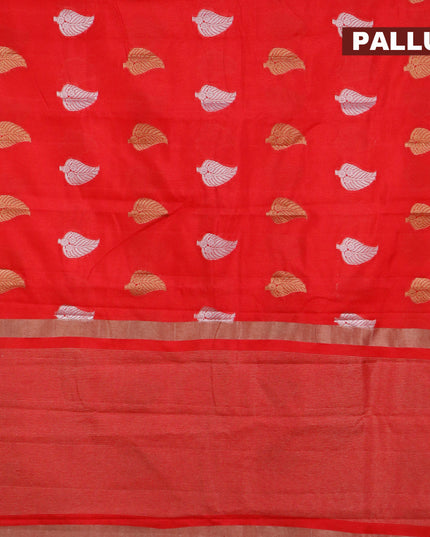 Semi raw silk saree red with silver & gold zari woven leaf buttas and small zari woven border