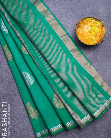 Semi raw silk saree green with silver & gold zari woven leaf buttas and small zari woven border