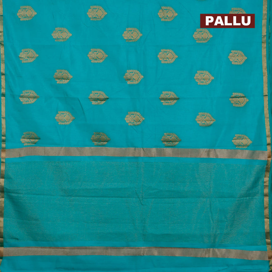 Semi raw silk saree teal green with zari woven buttas and small zari woven border