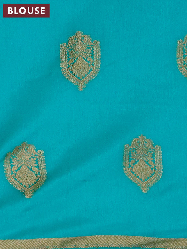 Semi raw silk saree teal green with zari woven buttas and small zari woven border