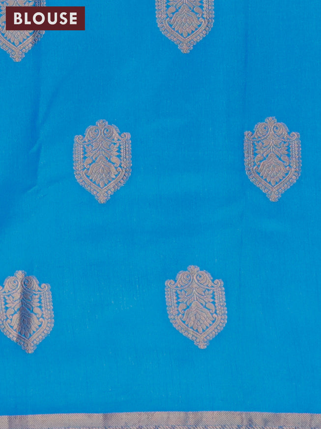 Semi raw silk saree cs blue with zari woven buttas and small zari woven border