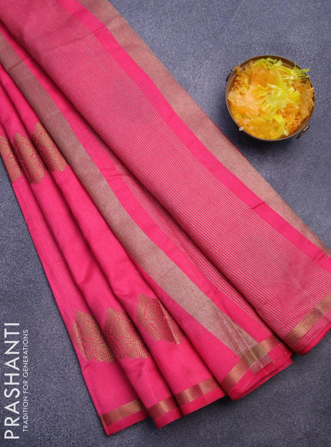 Semi raw silk saree pink with zari woven buttas and small zari woven border
