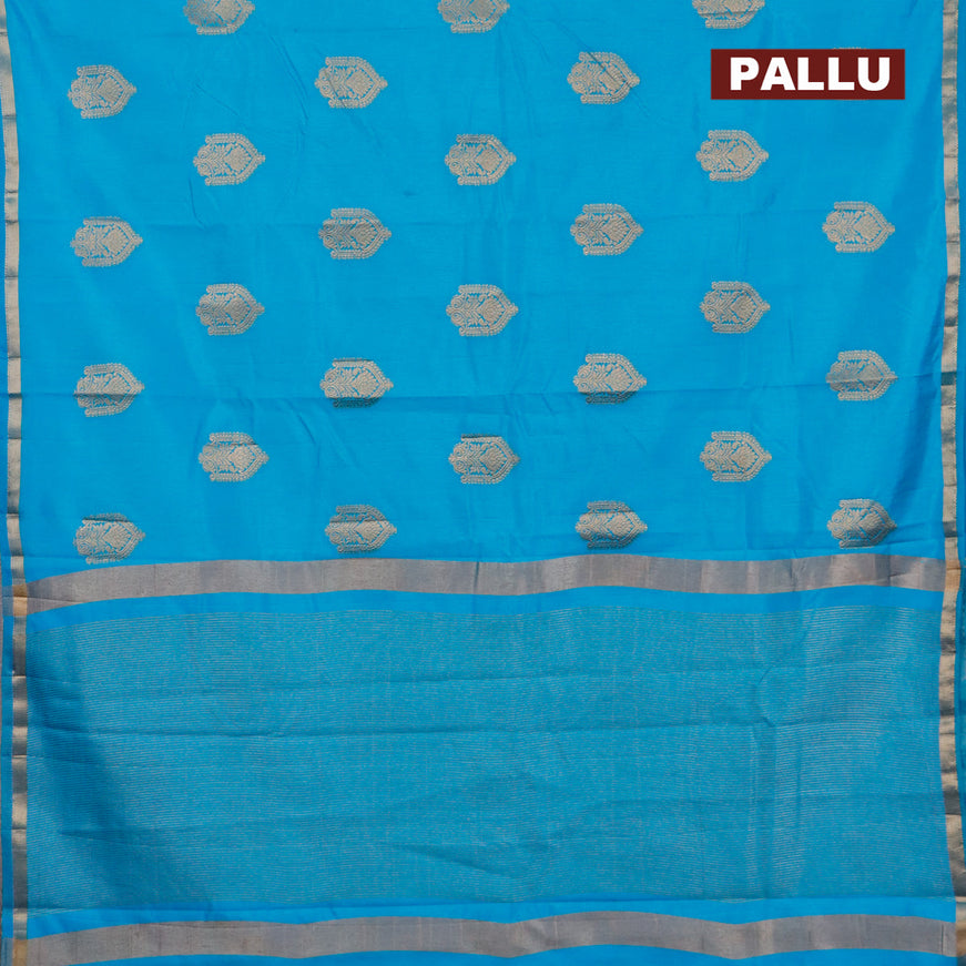 Semi raw silk saree teal blue with zari woven buttas and small zari woven border