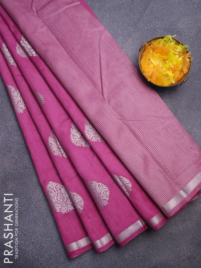 Semi raw silk saree purple shade with silver zari woven buttas and silver zari woven border
