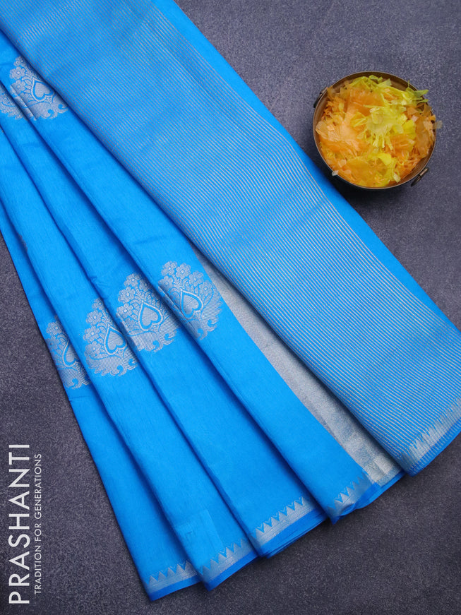 Semi raw silk saree cs blue with silver zari woven buttas and silver zari woven border