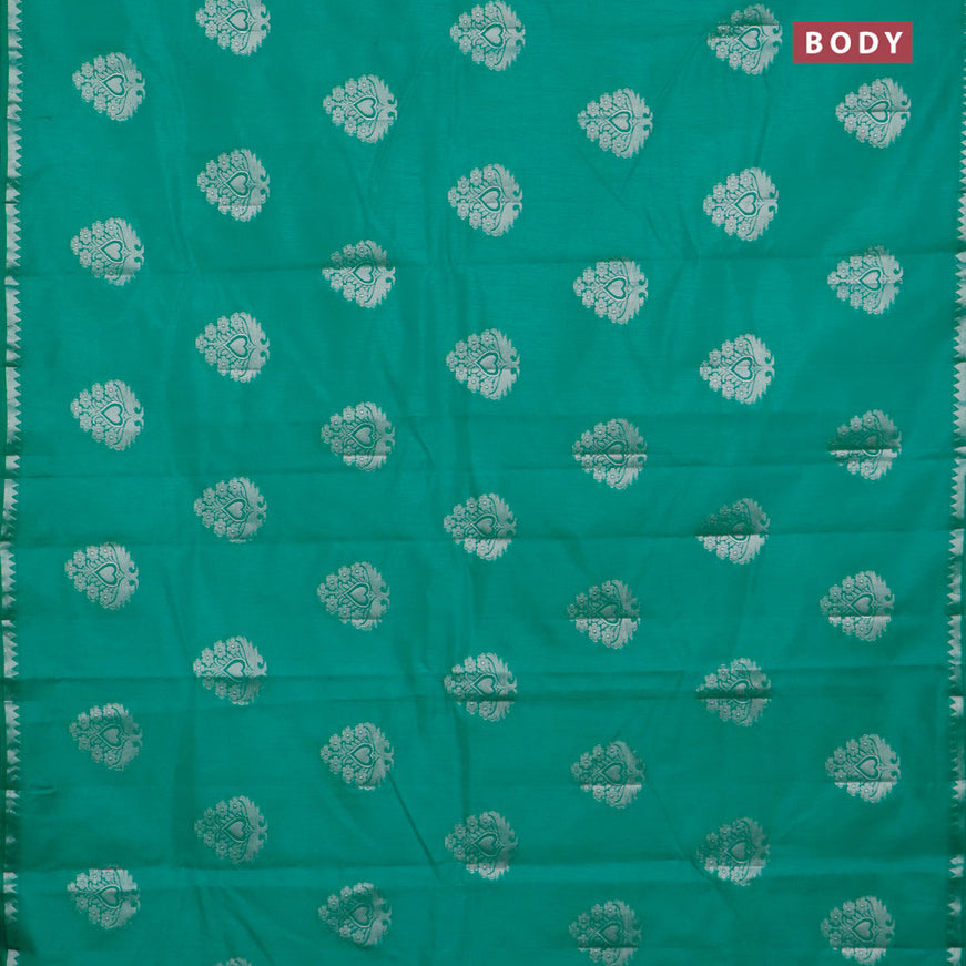 Semi raw silk saree teal green with silver zari woven buttas and silver zari woven border