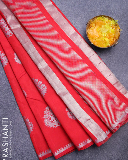 Semi raw silk saree red with silver zari woven buttas and silver zari woven border