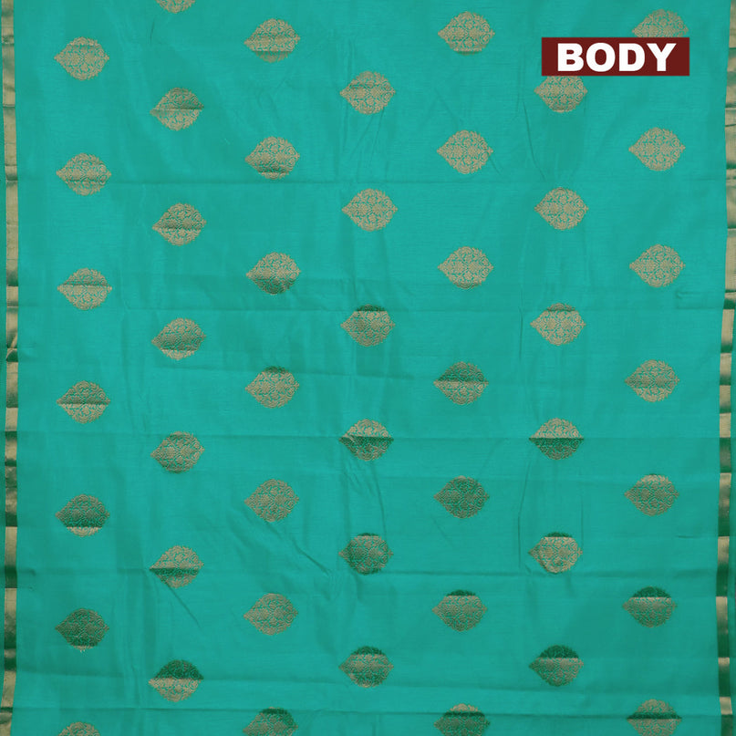 Semi raw silk saree green with zari woven buttas and small zari woven border