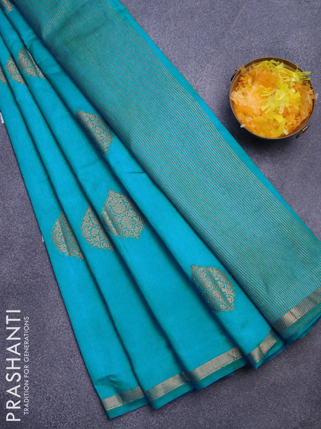 Semi raw silk saree cs blue with zari woven buttas and small zari woven border