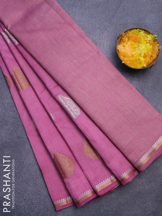 Semi raw silk saree mild purple with silver & gold zari woven buttas and small zari woven border