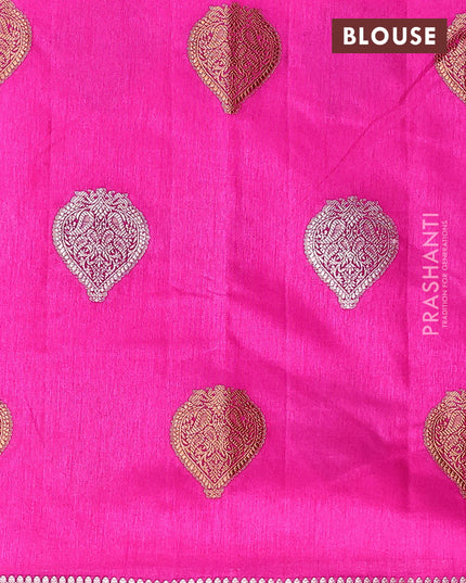 Semi raw silk saree pink with silver & gold zari woven buttas and small zari woven border