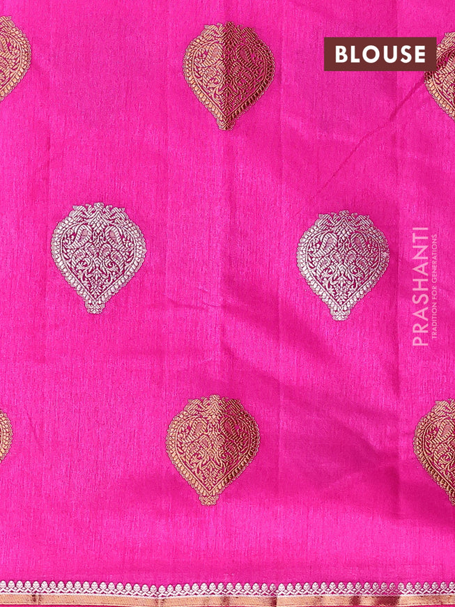 Semi raw silk saree pink with silver & gold zari woven buttas and small zari woven border