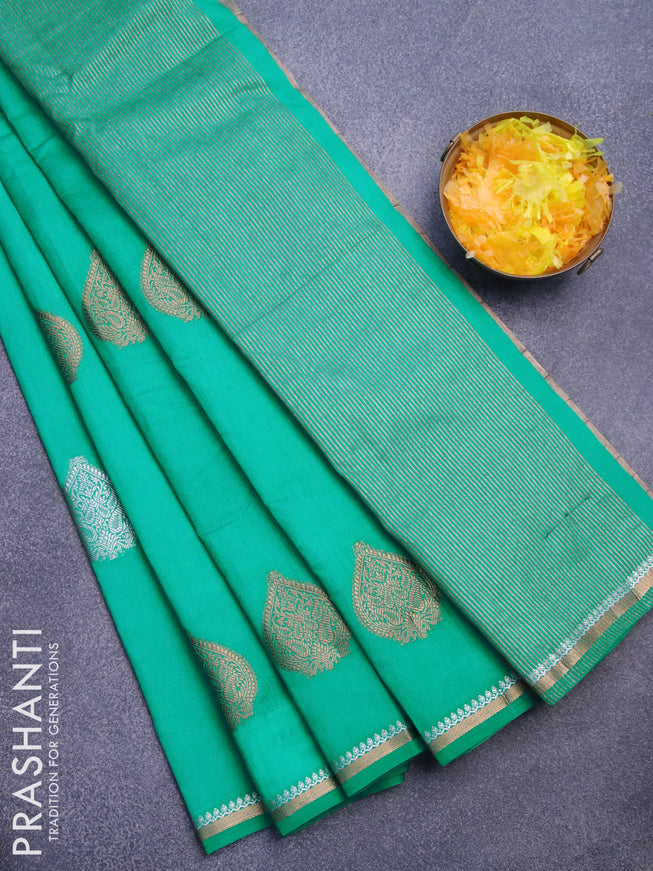 Semi raw silk saree teal green with silver & gold zari woven buttas and small zari woven border
