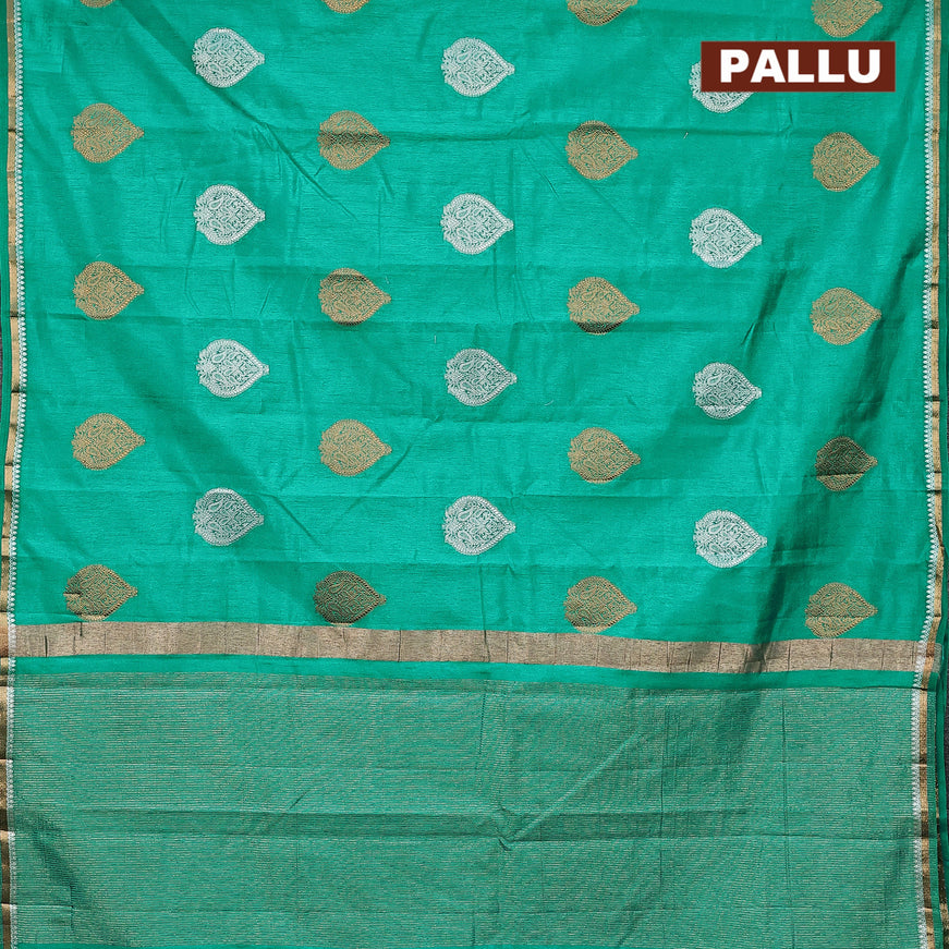 Semi raw silk saree teal green with silver & gold zari woven buttas and small zari woven border