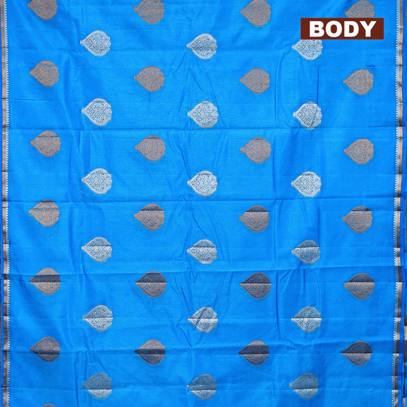 Semi raw silk saree cs blue with silver & gold zari woven buttas and small zari woven border