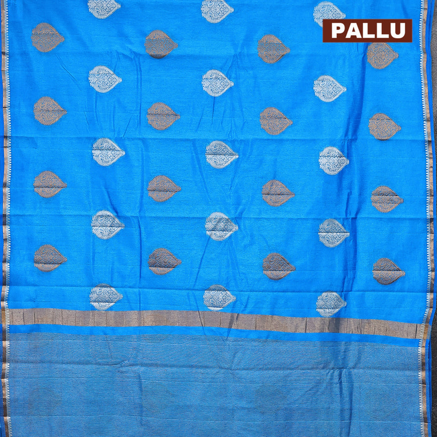 Semi raw silk saree cs blue with silver & gold zari woven buttas and small zari woven border