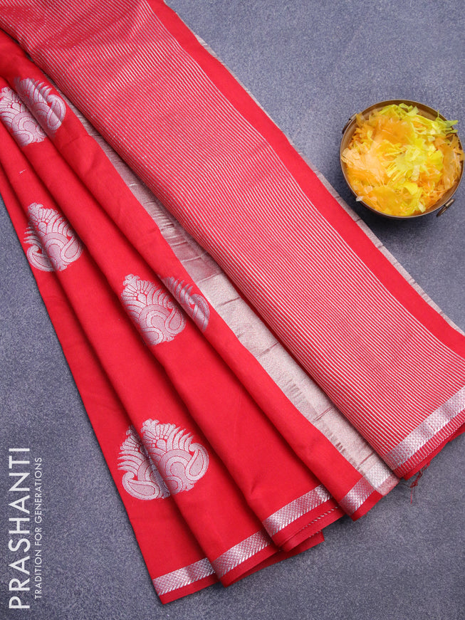 Semi raw silk saree red with silver zari woven buttas and small zari woven border