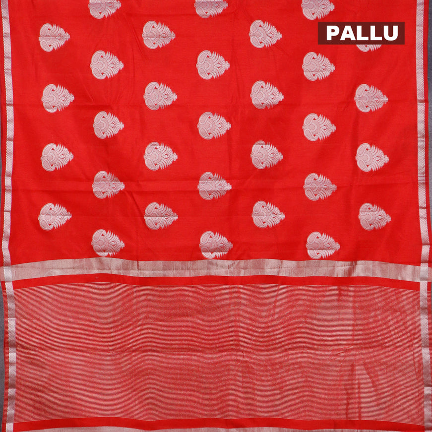 Semi raw silk saree red with silver zari woven buttas and small zari woven border