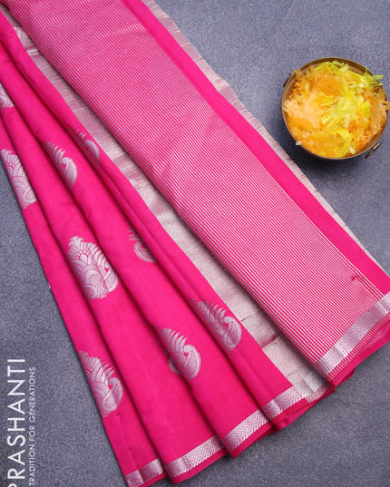 Semi raw silk saree pink with silver zari woven buttas and small zari woven border