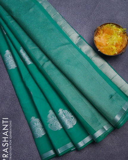 Semi raw silk saree teal green with silver zari woven buttas and small zari woven border
