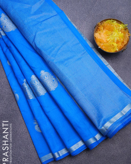 Semi raw silk saree cs blue with silver zari woven buttas and small zari woven border
