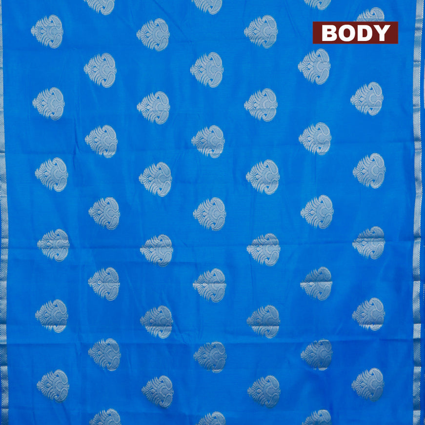 Semi raw silk saree cs blue with silver zari woven buttas and small zari woven border