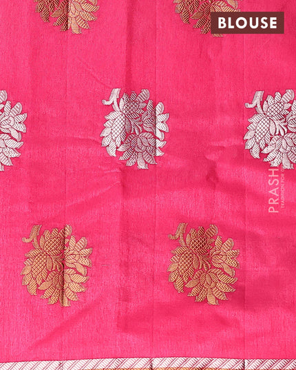 Semi raw silk saree pink with silver & gold zari woven floral buttas and small zari woven border