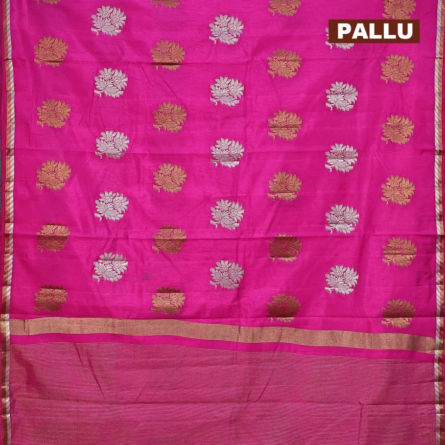 Semi raw silk saree pink with silver & gold zari woven floral buttas and small zari woven border
