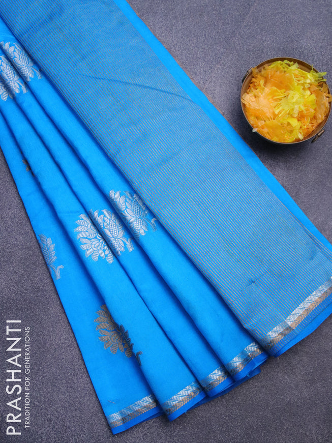 Semi raw silk saree cs blue with silver & gold zari woven floral buttas and small zari woven border