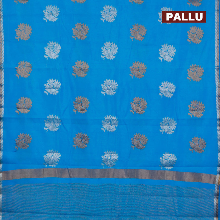 Semi raw silk saree cs blue with silver & gold zari woven floral buttas and small zari woven border