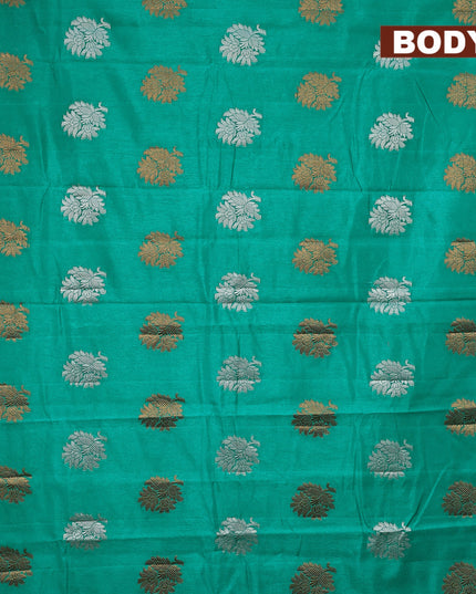 Semi raw silk saree teal green with silver & gold zari woven floral buttas and small zari woven border