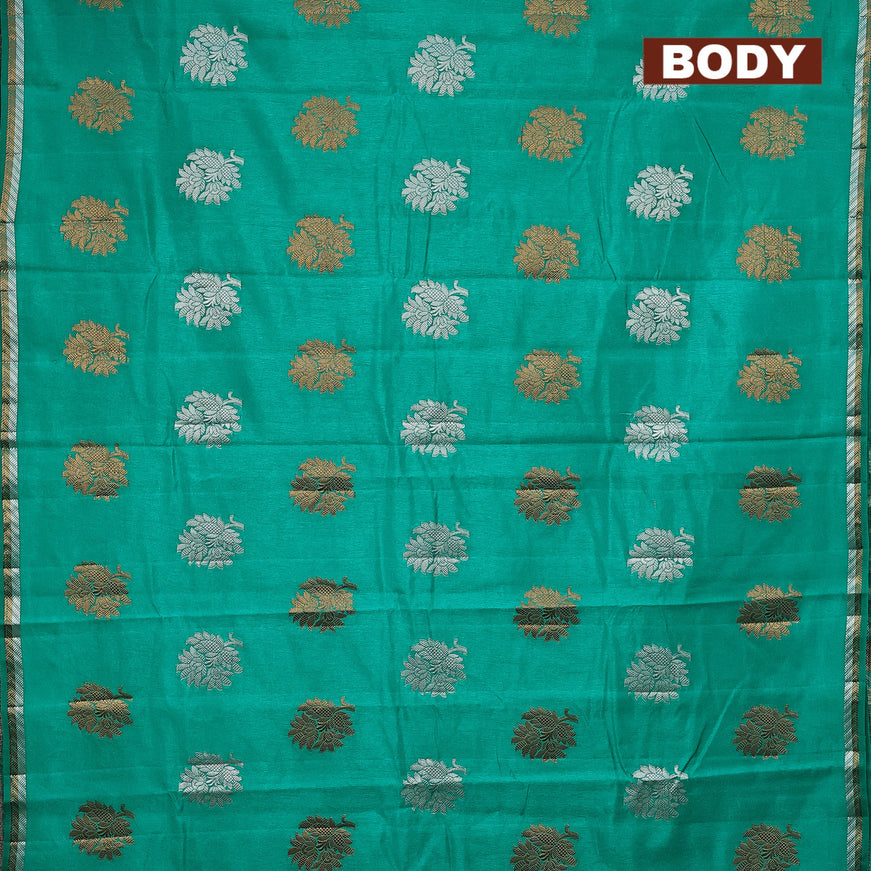 Semi raw silk saree teal green with silver & gold zari woven floral buttas and small zari woven border