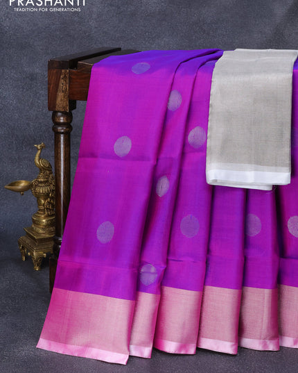 Pure uppada silk saree purple with silver zari woven coin buttas and silver zari woven border