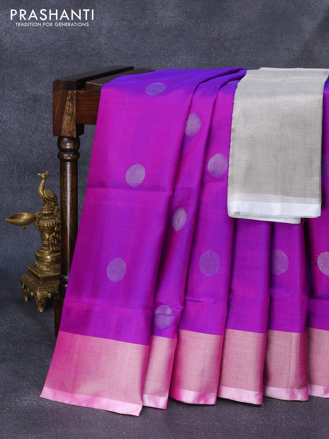 Pure uppada silk saree purple with silver zari woven coin buttas and silver zari woven border