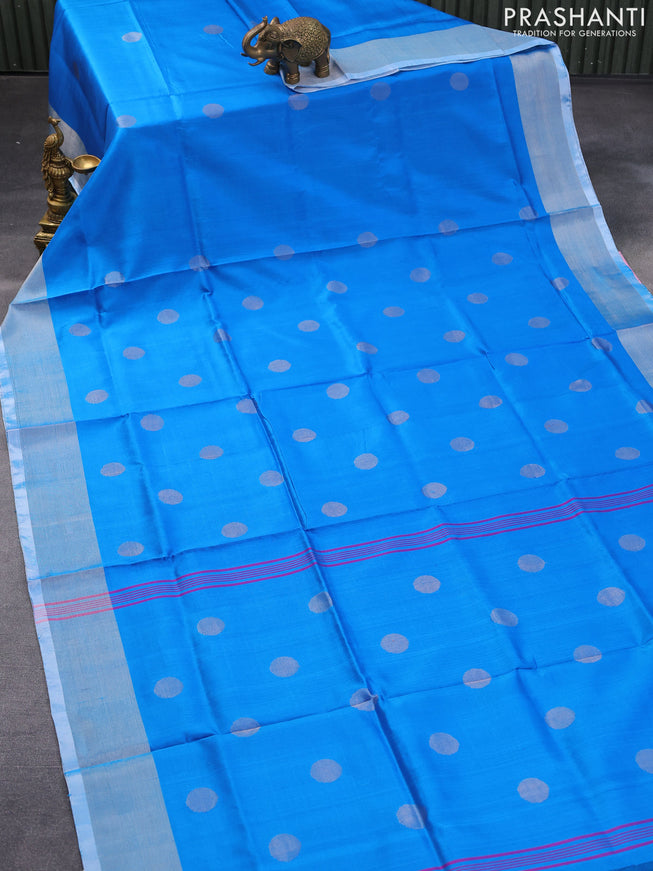 Pure uppada silk saree cs blue with silver zari woven coin buttas and silver zari woven border