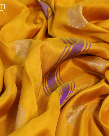 Pure uppada silk saree mustard yellow with silver zari woven coin buttas and silver zari woven border