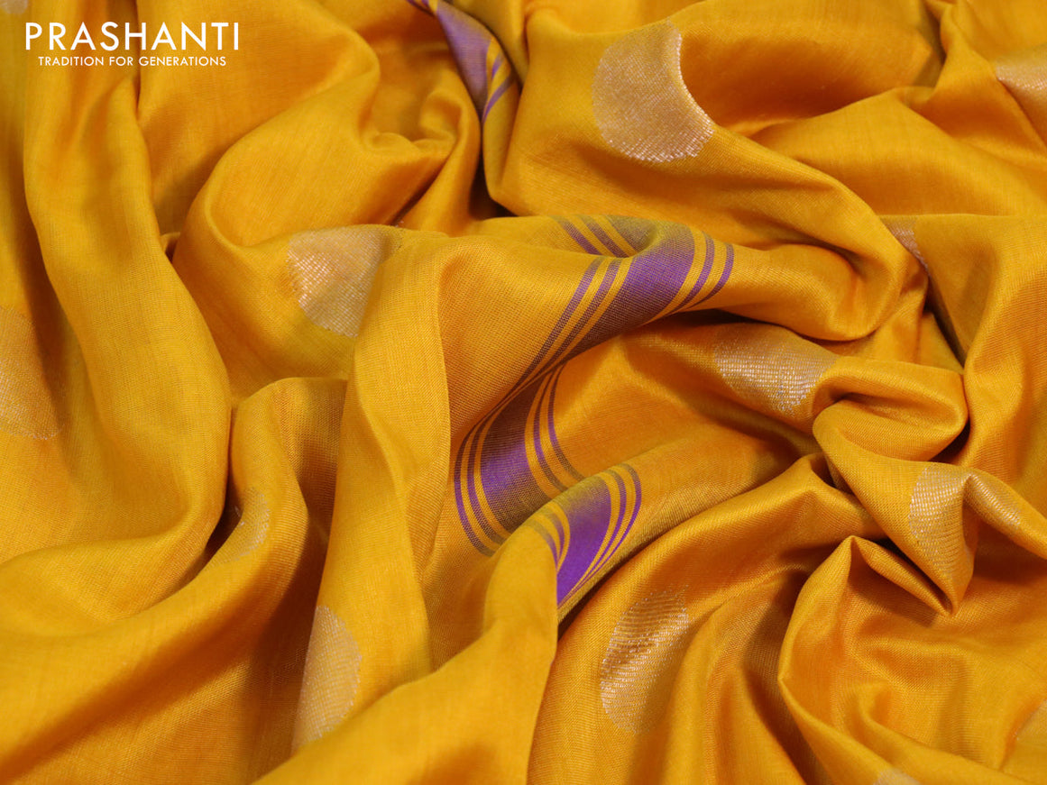 Pure uppada silk saree mustard yellow with silver zari woven coin buttas and silver zari woven border