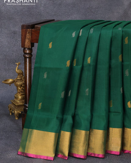 Pure uppada silk saree dark green and pink with leaf jamdhani buttas and zari woven border