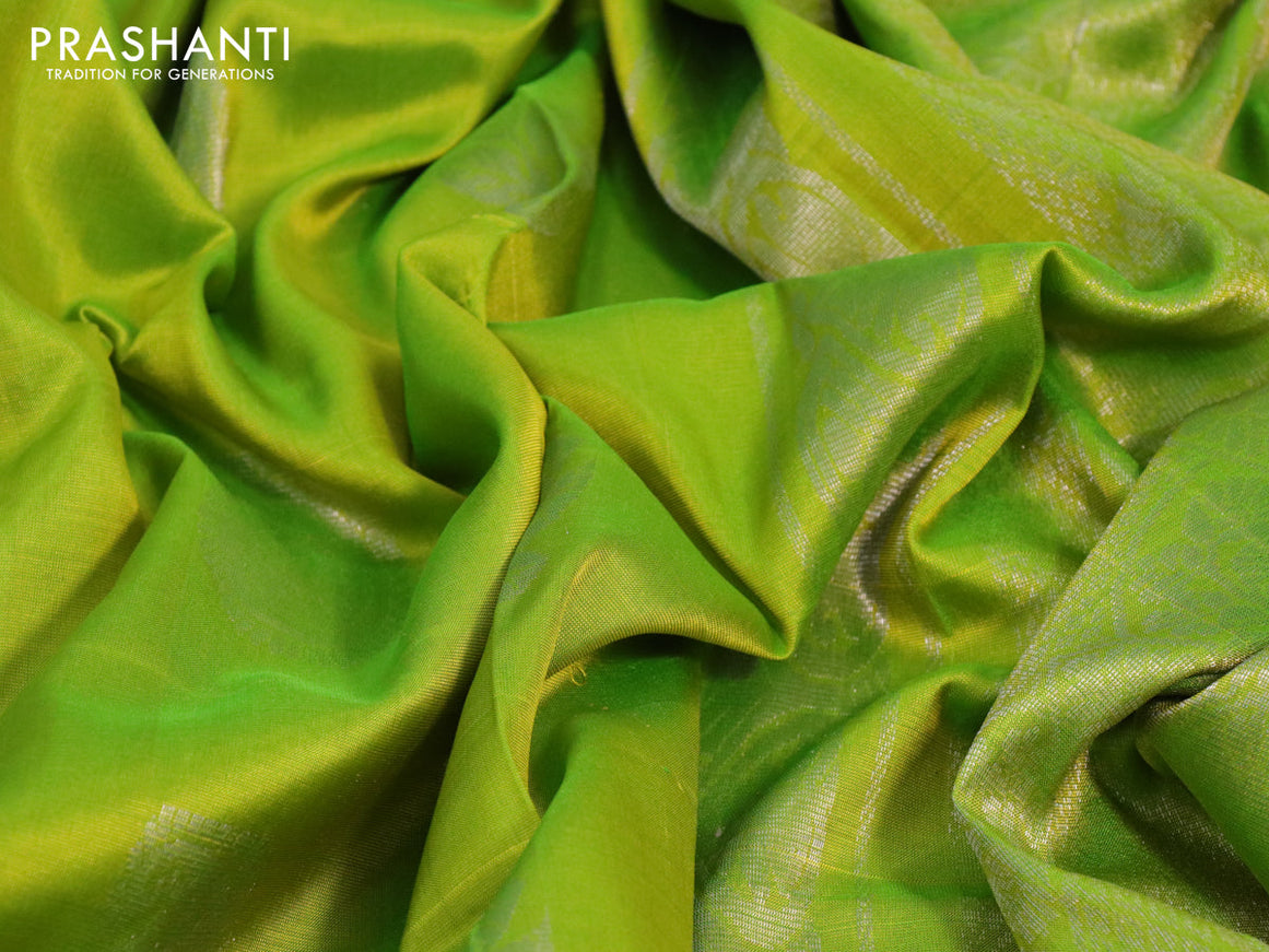 Pure uppada silk saree light hreen and pale yellow shade with leaf & paisley silver zari woven buttas and zari woven border