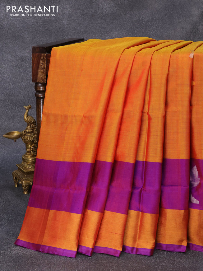 Pure uppada silk saree dual shade of mustard yellow and dual shade of purple with floral jamdhani buttas and zari woven border