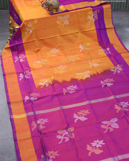 Pure uppada silk saree dual shade of mustard yellow and dual shade of purple with floral jamdhani buttas and zari woven border